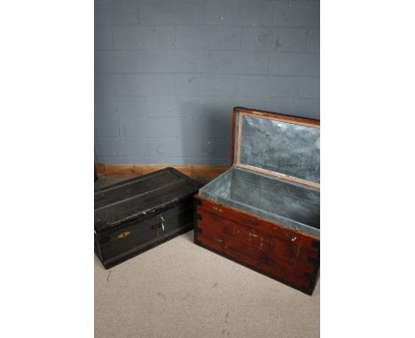 Varnished pine and metal bound cabin trunk with metal lining, 91cm wide, 53cm deep, 50.5cm high, similar dark stained and met