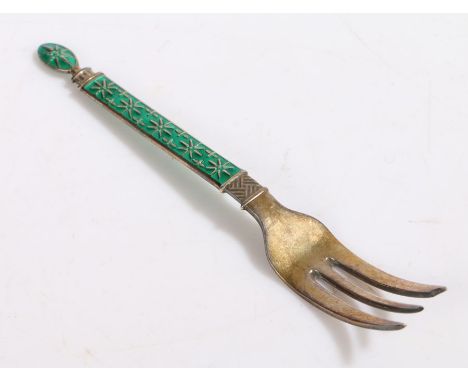 J Tostrup Norwegian silver and green enamel fork, 13cm long, 0.6oz, housed in original box