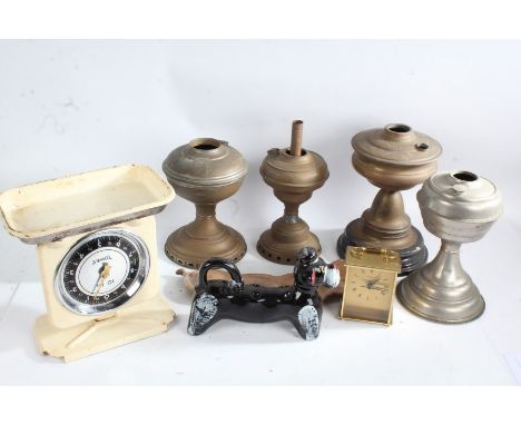 Collection of mixed works of art to include a carriage clock, four oil lamp bases, faux enameled tray etc (Qty)