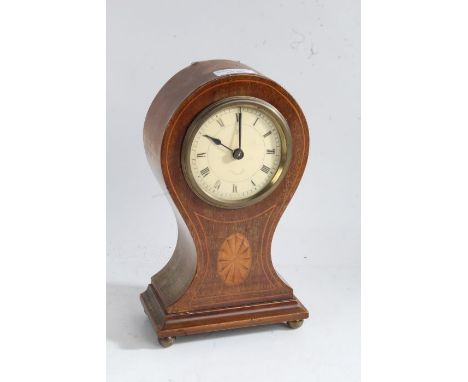 Edwardian mahogany inlaid balloon mantle clock with a circular white dial with roman numerals baring the mark for Hamberg Ame