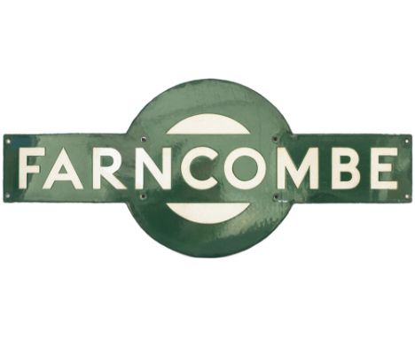 Southern Railway enamel target station sign FARNCOMBE from the former London and South Western Railway station between Guildf