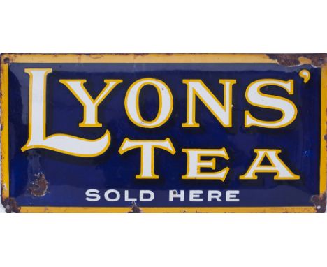 Advertising enamel sign LYONS' TEA SOLD HERE. Rectangular convex enamel measuring 19.5in x 9.5in. In good condition with a fe