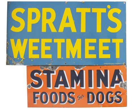 Advertising enamel signs, a pair: SPRATT'S WEETMEET 30in x 16in with some loss to the bottom left hand corner; STAMINA FOODS 