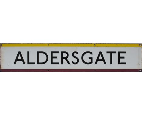 London Transport Underground enamel frieze sign ALDERSGATE measuring 45in x 9in. In very good condition. The station was rena