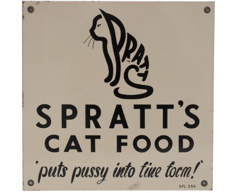 Advertising enamel sign SPRATT'S CAT FOOD PUTS PUSSY INTO FINE FORM. In very good condition complete with original brass eyel