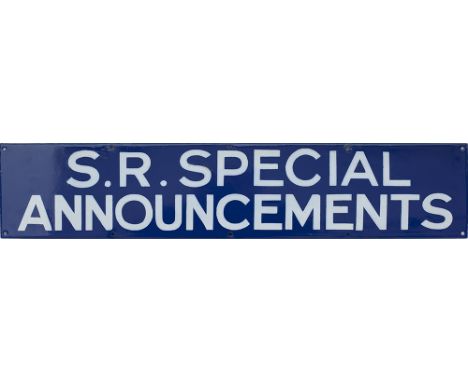 SR enamel poster board heading S.R. SPECIAL ANNOUNCEMENTS. In very good condition, has been lacquered. Measures 27in x 5.5in.