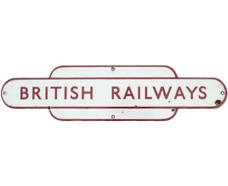 BR(M) totem shaped enamel Poster Board heading BRITISH RAILWAYS. Measures 16.25in x 4in and is in good condition with a few s