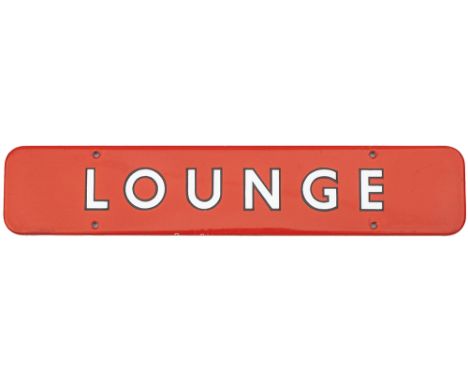 BR(NE) FF enamel door plate LOUNGE with black edged letters. Measures 18in x 3.5in and is in very good condition. A rare door