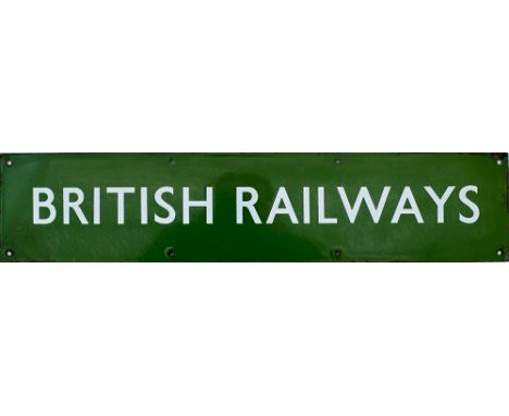 BR(S) enamel DR poster board heading BRITISH RAILWAYS. Dark green enamel measuring 27in x 6in. In very good condition.