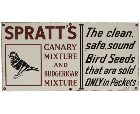 Advertising enamel sign SPRATT'S CANARY MIXTURE AND BUDGERIGAR MIXTURE THE CLEAN, SAFE, SOUND BIRD SEEDS THAT ARE SOLD ONLY I