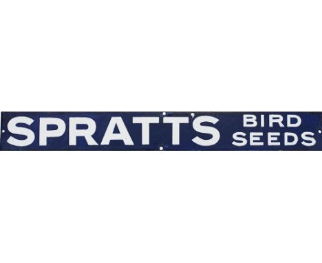 Enamel advertising sign SPRATT'S BIRD SEEDS. Measures 24in x 3in and is in good condition.