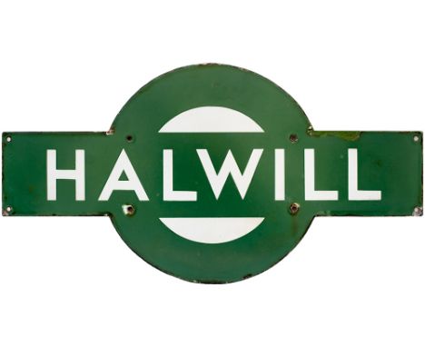 Southern Railway enamel target station sign HALWILL from the former London and South Western Railway Junction station in Nort
