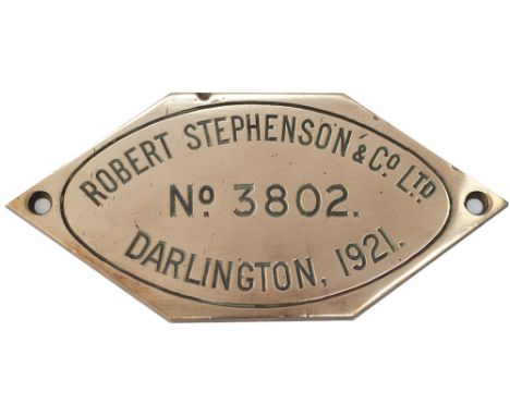 Worksplate ROBERT STEPHENSON &amp; CO LTD DARLINGTON 1921 No 3802 ex GWR Churchward 2-6-0 6370. Allocations included Worceste