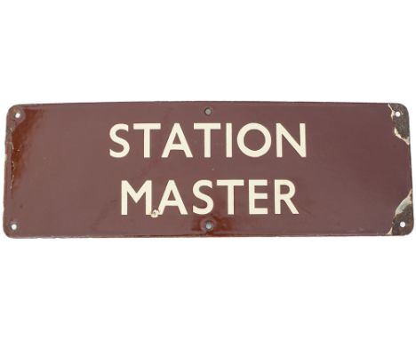 BR(W) enamel doorplate STATION MASTER measuring 18in x 6in. In good condition with a small amount of enamel loss to both righ