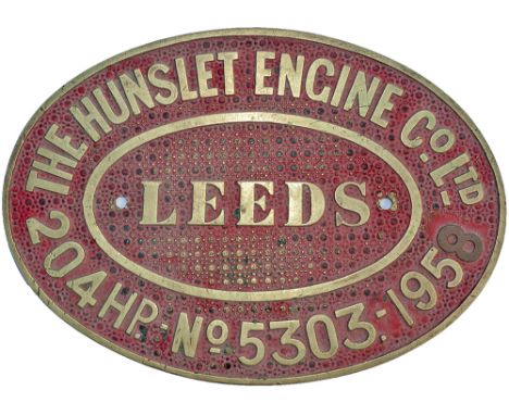 Diesel worksplate THE HUNSLET ENGINE CO LTD LEEDS 204HP No 5303 1958. ex Standard gauge 0-6-0 with a Gardner 8L3 engine, Deli