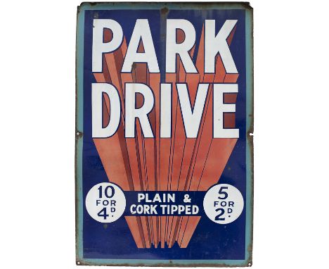 Advertising enamel sign PARK DRIVE PLAIN &amp; CORK TIPPED 10 FOR 4D 5 FOR 2D. In good condition with minor chipping, measure