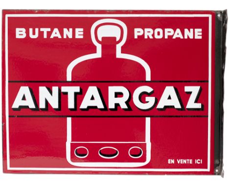 Advertising enamel double sided sign ANTARGAZ BUTANE PROPANE EN VENTE ICI complete with wall mounting flange. Both sides in v