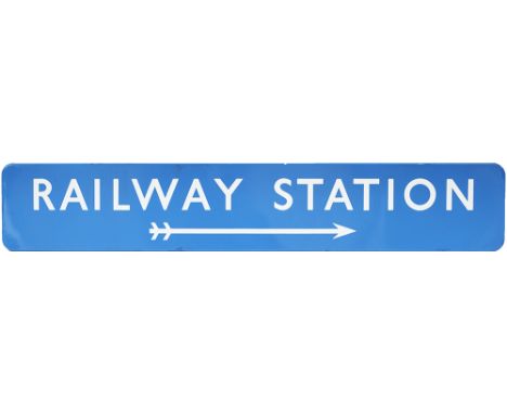 BR(SC) FF enamel railway sign RAILWAY STATION with right facing arrow. Measures 49in x 8.5in. A rare sign in excellent condit