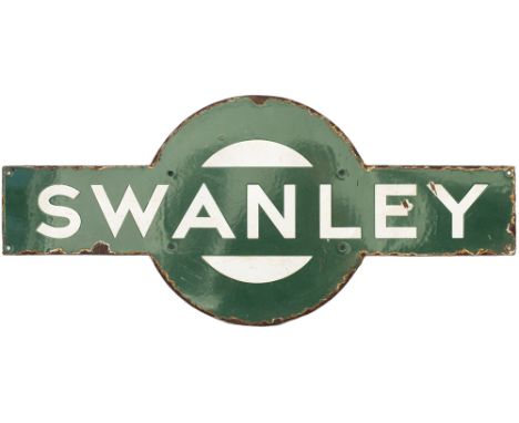 Southern Railway enamel target station sign SWANLEY from the former South Eastern and Chatham Railway station between Bromley