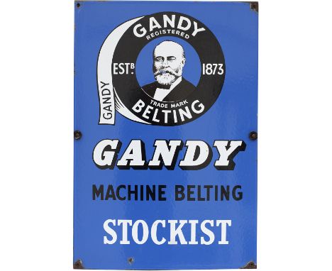 Advertising enamel sign GANDY MACHINE BELTING STOCKIST ESTB 1873. Semi pictorial and in very good condition with a few minor 