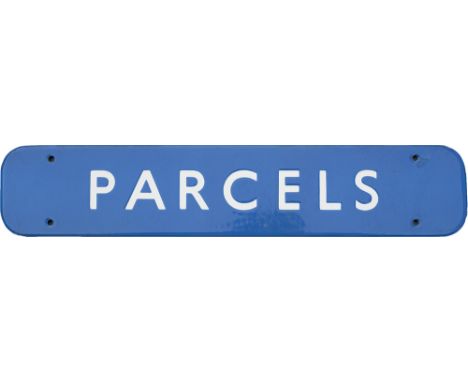 BR(SC) FF enamel doorplate PARCELS. Measures 18in x 3.5in and is in very good condition with one minor chip on top right hand