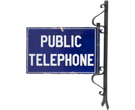 Enamel sign PUBLIC TELEPHONE with original steel wall mounting bracket. Both sides in very good condition with minor chipping