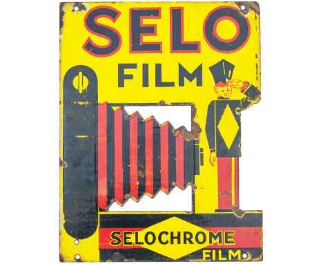 Enamel advertising sign SELO FILM SELOCHROME FILM. Black &amp; Red lettering on yellow ground, incorporating cut-out of bello