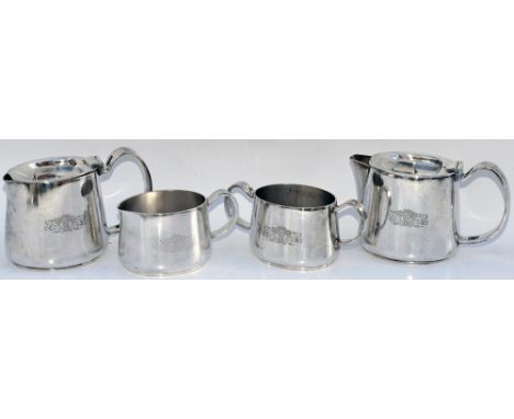 Pullman silverplate Tea Service consisting of a small teapot, small water jug, two handled sugar bowl and a milk jug. All are