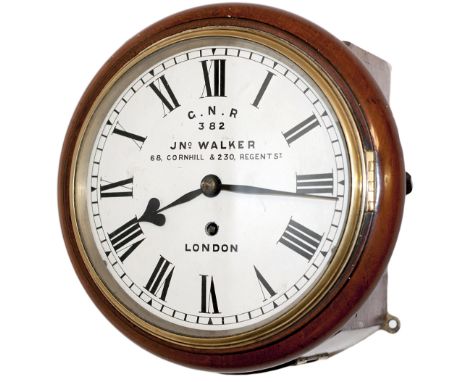 Great Northern Railway 8in mahogany cased railway clock with a wire driven English fusee movement. The dial has been restored