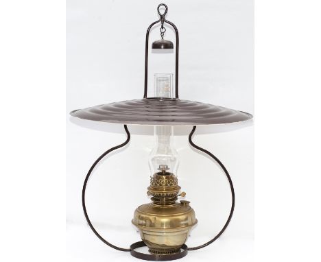 GWR signalbox hanging lamp complete with reservoir, burner, glass chimney, hanging loop and shade. Believed to be from Cadoxt