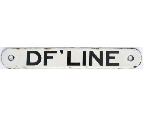 LNER enamel cab shedplate DF'LINE (Dunfermline). Black on white enamel in very good condition. Measures 10in x 1.5in.