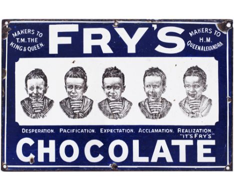 Advertising enamel sign FRY'S CHOCOLATE MAKERS TO T.M. THE KING &amp; QUEEN MAKERS TO H.M. QUEEN ALEXANDRA. Depicts the famou
