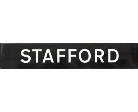 BR FF enamel station sign STAFFORD. White on black enamel measuring 42in x 8in. In very good condition.