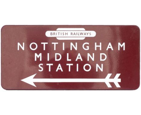 BR(M) FF enamel station direction sign NOTTINGHAM MIDLAND STATION with left facing arrow and British Railways totem at the to