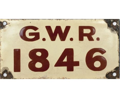GWR enamel posterboard numberplate, chocolate on cream enamel, G.W.R. 1846. In good condition with minor chipping to all four