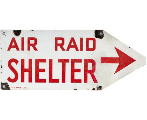 Enamel World War 2 road sign AIR RAID SHELTER with right facing arrow. In good condition with some chipping measures 22in x 9