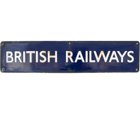 BR(E) Double Royal enamel poster heading BRITISH RAILWAYS measuring 25in x 6in. In good condition.