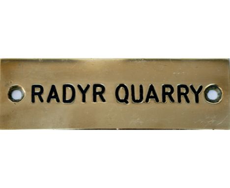 GWR machine engraved brass shelf plate RADYR QUARRY. In very good condition complete with original wax infill. Measures 4.75i
