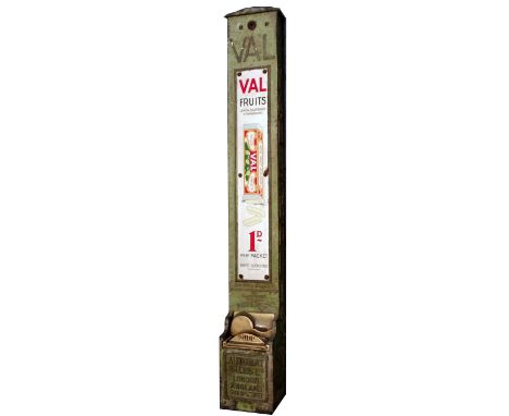 VAL FRUITS cast aluminium platform vending machine with AUTOMAT SALES LTD LONDON ENGLAND cast into the front and complete wit