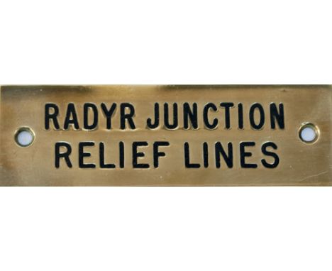 GWR machine engraved brass shelf plate RADYR JUNCTION RELIEF LINES. In very good condition complete with original wax infill.
