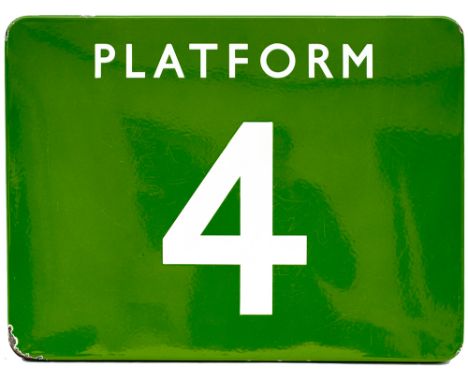 BR(S) FF enamel sign PLATFORM 4. In good condition with a small chip to left hand bottom corner. Measures 24in x 18in.