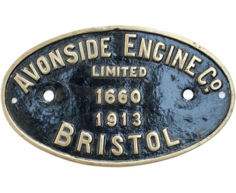 Worksplate AVONSIDE ENGINE CO LIMITED BRISTOL 1660 1913 ex 0-4-0 T built to 2FT gauge and supplied to the Darnall Estate in N