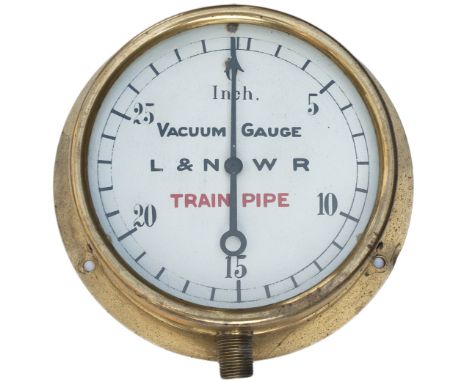 London and North Western Railway brass cased locomotive vacuum gauge. The dial is enamelled L&amp;NWR TRAIN PIPE VACUUM GAUGE