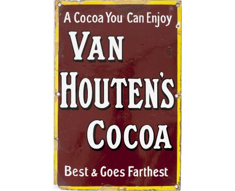 Advertising enamel sign A COCOA YOU CAN ENJOY VAN HOUTEN'S COCOA BEST &amp; GOES FARTHEST. In good condition with a few small
