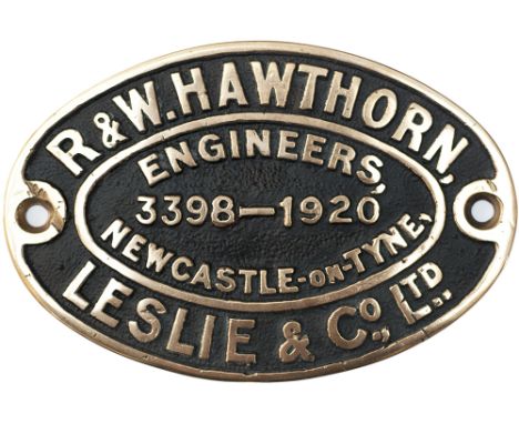 Worksplate R&amp;W HAWTHORN, LESLIE &amp; CO LTD ENGINEERS NEWCASTLE-ON-TYNE 3398 1920 ex TVR Cameron A Class 0-6-2 T origina