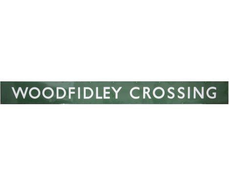 BR(S) enamel signalbox board WOODFIDLEY CROSSING from the former London and South Western Railway signal box in the New Fores