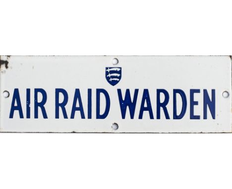 Enamel World War 2 sign AIR RAID WARDEN with Essex County shield. Measures 9in x 3in and is in very good condition with one m