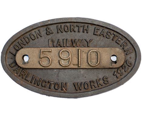 Worksplate LONDON &amp; NORTH EASTERN RAILWAY DARLINGTON WORKS 1926 (1411 ground off) with 5910 renumbering strip ex Gresley 