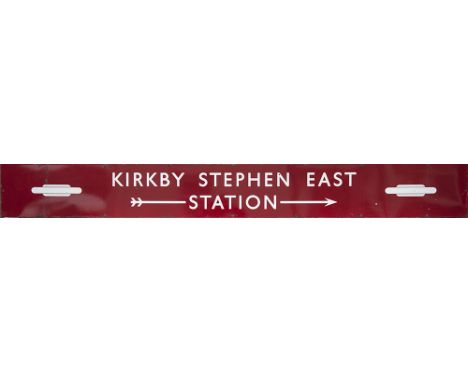BR(M) station direction sign KIRKBY STEPHEN EAST STATION with right facing arrow and totems either end. From the former North
