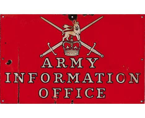 Advertising enamel sign ARMY INFORMATION OFFICE. Semi pictorial, measures 24in x 15in, and is in good condition with some chi